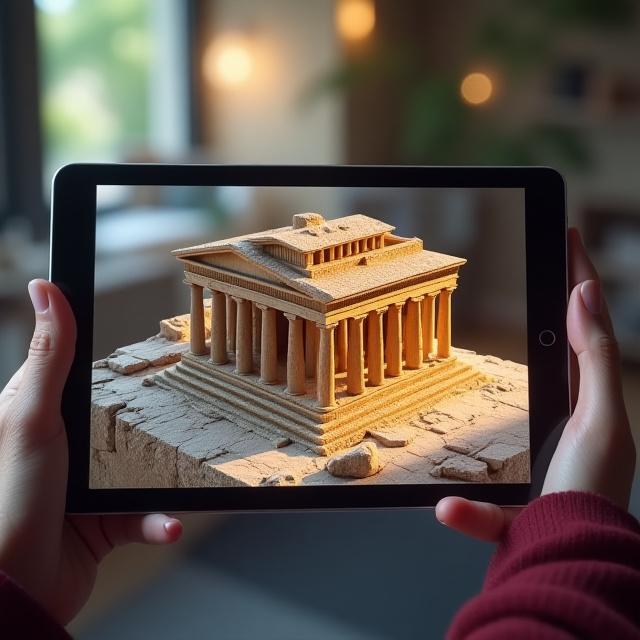 Un modello 3D vibrante e dettagliato di un antico tempio romano visualizzato su un tablet in un ambiente moderno, simboleggiando la valorizzazione digitale.