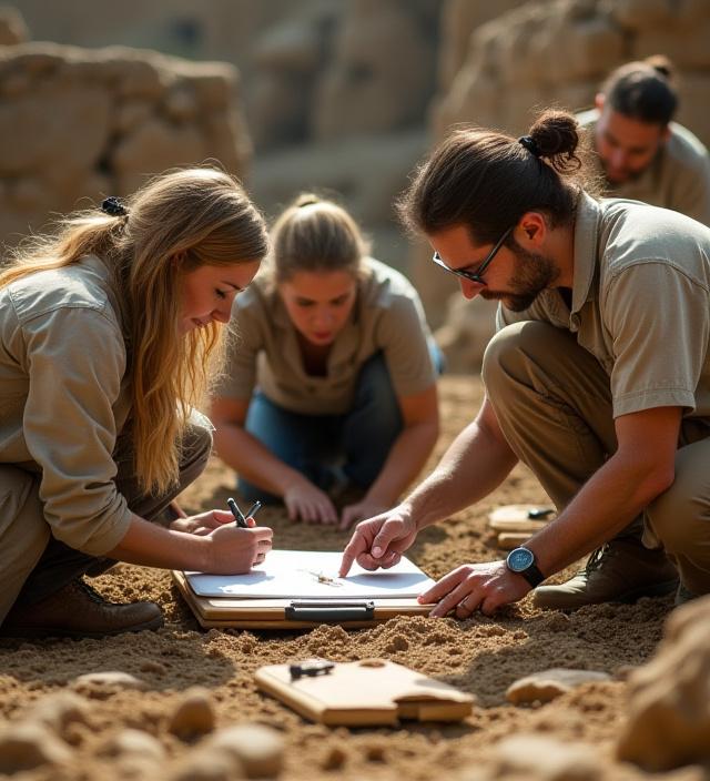 Il team di Antica Creazione al lavoro durante uno scavo archeologico, con esperti che documentano reperti e un archeologo che indica un punto di interesse.